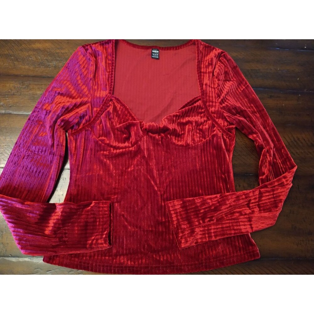 Womens Red Maroon Velvet Long-Sleeve Ruched Top By Shein Size L
